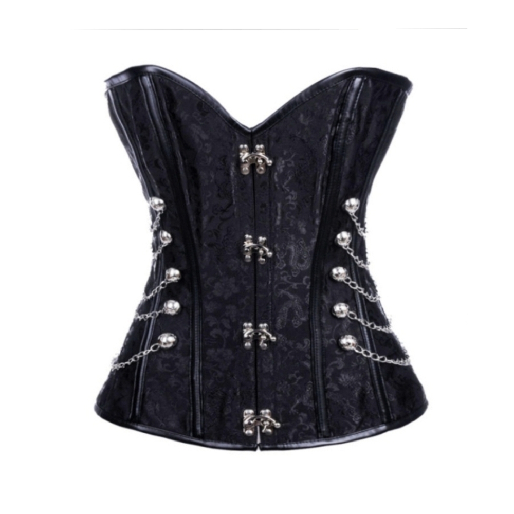 Steampunk Gothic Black Corset Brocade Bustier with Silver Chains